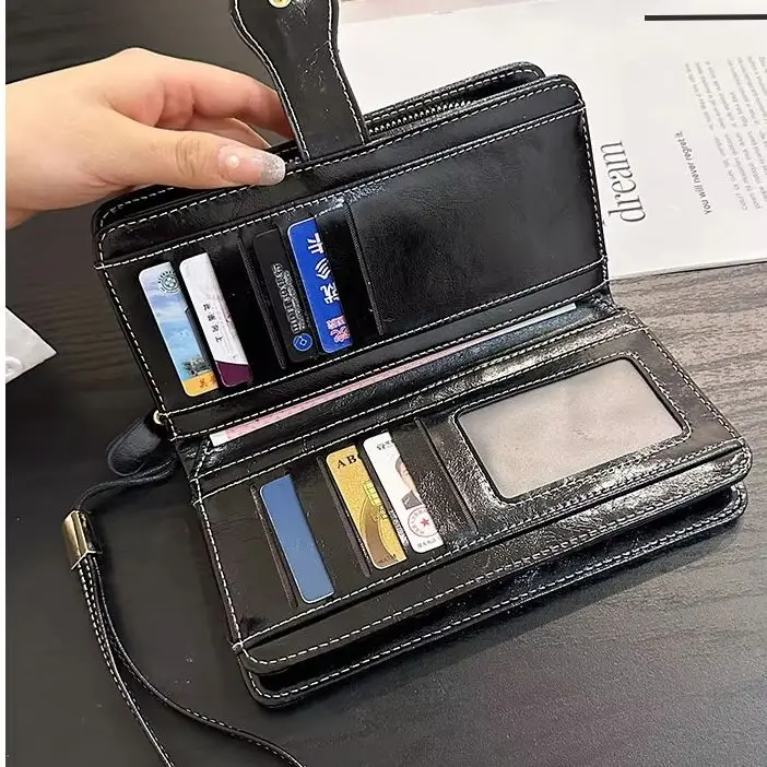 Vintage RFID Anti-Theft Large Capacity Women's Zipper Wallet with Wrist Strap