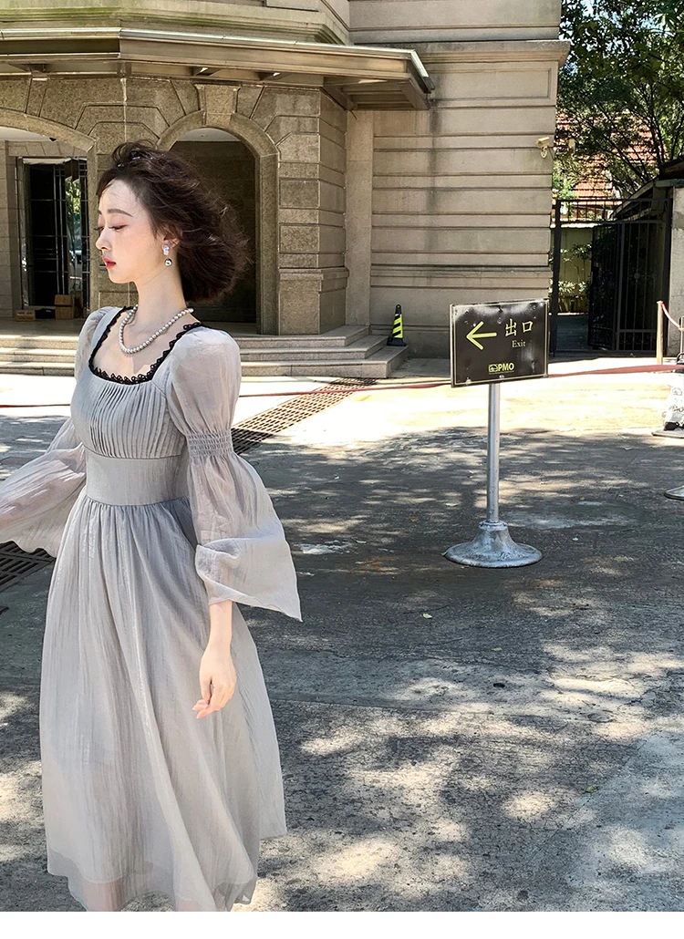 Autumn Princess Midi Dresses for Women Square Collar Flare Sleeve A-line Party Dress Slim Waist Korean One Piece Vestidos New