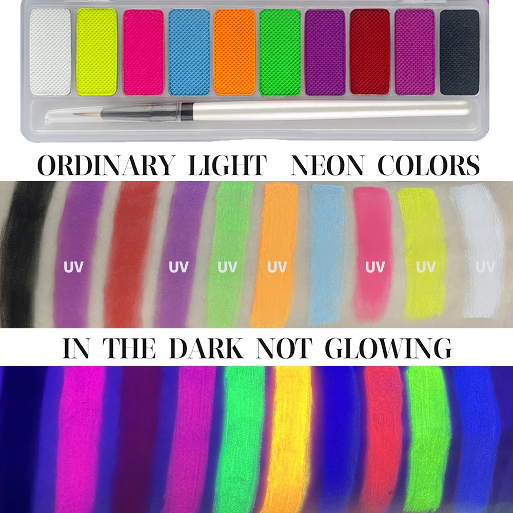 UV Luminated Black Light Body Paint Set with Brush,10 Colors Water-Soluble Paste Fluorescent Neon Oil Face Body Art Paint Makeup 6