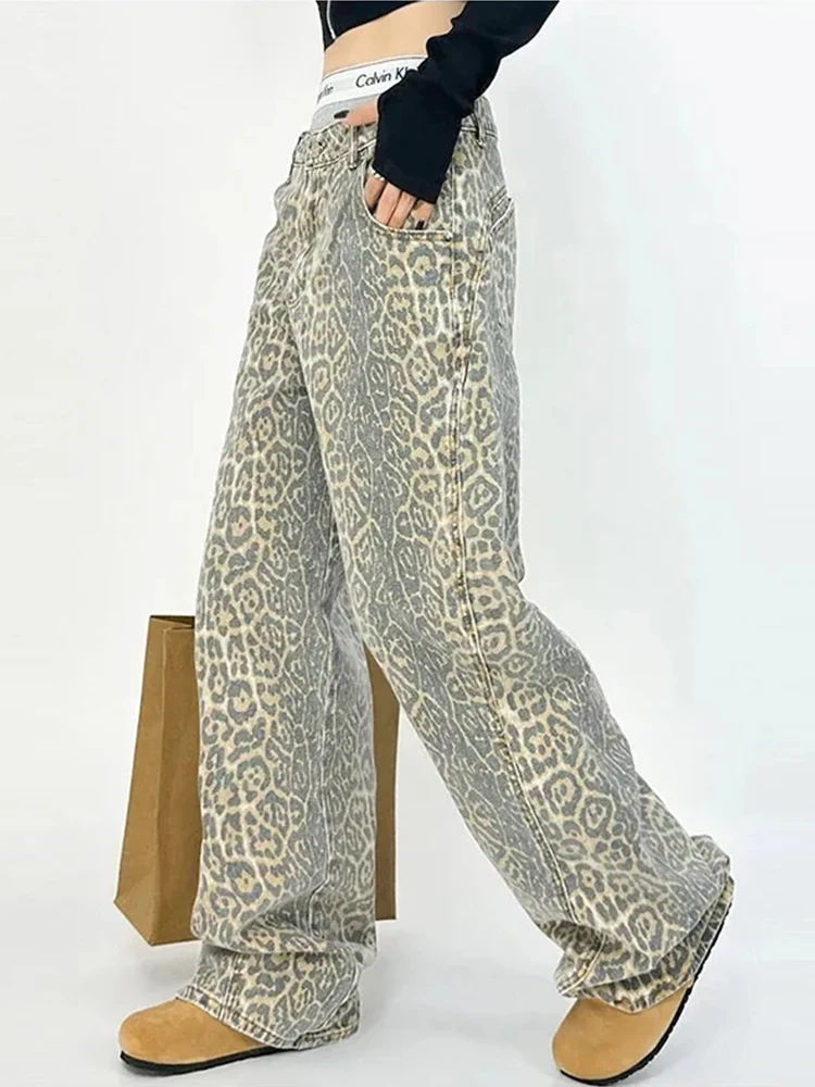 HOUZHOU Leopard Jeans Women Denim Pants Female Oversize Wide Leg Trousers Streetwear Hip Hop Vintage Clothes Loose Casual