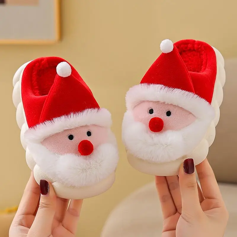 thumbnail image 4 of Pantuflas navideñas de Papá Noel para niños, de invierno, antideslizantes, con dibujos animados, para niños y niñas, de felpa, cálidas, con fondo suave, para el hogar, 4 of 5