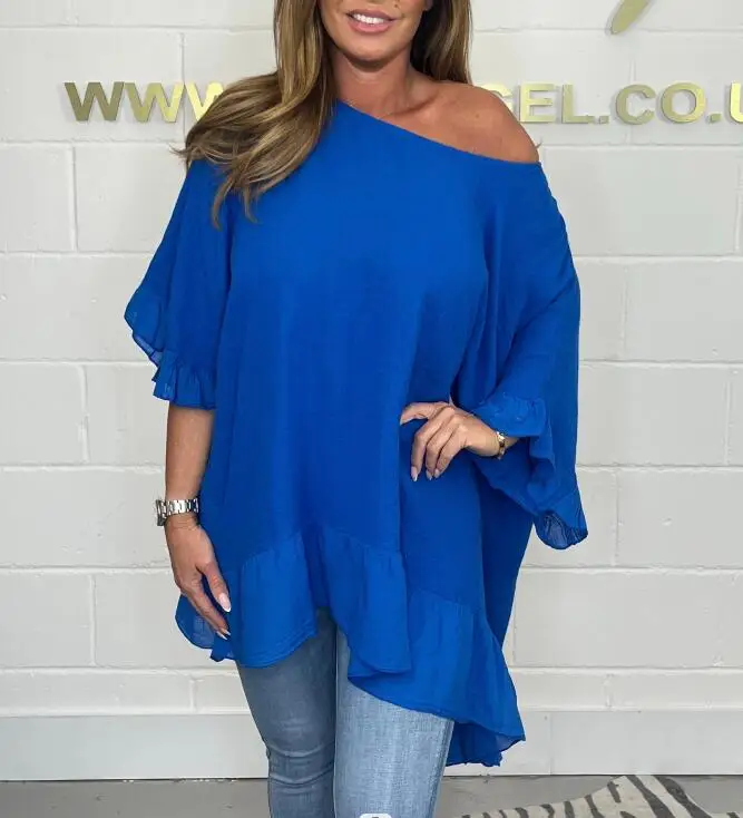 Plus-size women's Blouse ruffled fashion elegant bat sleeve loose solid colour. L-5X - view