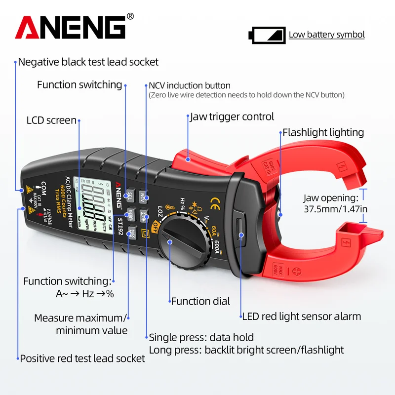 ANENG 디지털 클램프 멀티미터, ST191, ST192, ST193, 4, AC/DC 전류 6000 카운트, True RMS 커패시턴스, NCV Ohm Hz 트랜지스터