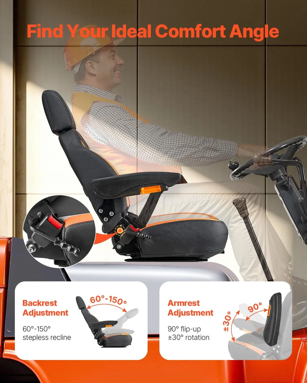 Universal Forklift Seat, Tractor Seat with Adjustable Back, Armrest, Headrest & Safety Belt, Secure Tractor Seat with Micro