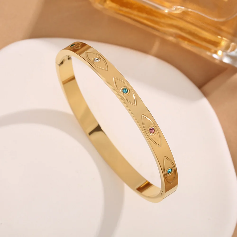 Classic Devil's Eye Gemstone Stainless Steel Gold Plated Women's Bracelet, High Quality Party Jewelry, Wife Gift 3