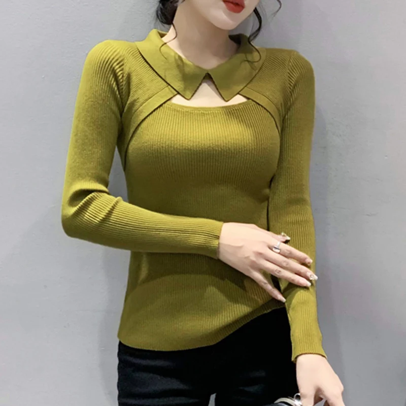 

Women's Three-Dimensional Hollow Knitted Sweater, Long-Sleeved, Korean Version Lapel, Comfortable, Monochromatic, Autumn Fashion