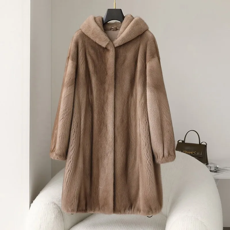 

2023 New Natural Mink Whole Fur Women Long Coat 100% Real Mink Fur With Hood Winter Thick Slim Warm Female Mink Fur Hood Jacket