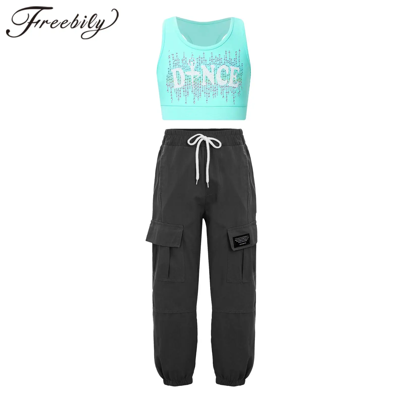 

Kids Girls Sports Suits Children Gym Ballet Gymnastics Outfit Sleeveless Racerback Crop Top with Cargo Pants Sportswear Sets