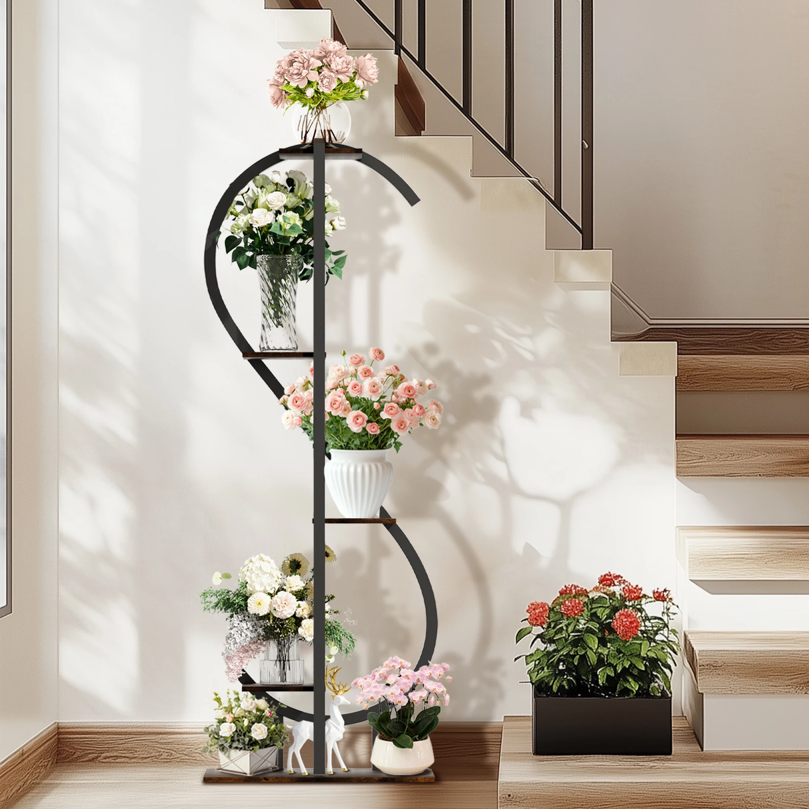 5-Tier S-Shaped Indoor Plant Stand with Hanging Hooks Gardening Tools Aesthetic Corner Plant Shelf for Tall Plants Multipurpos