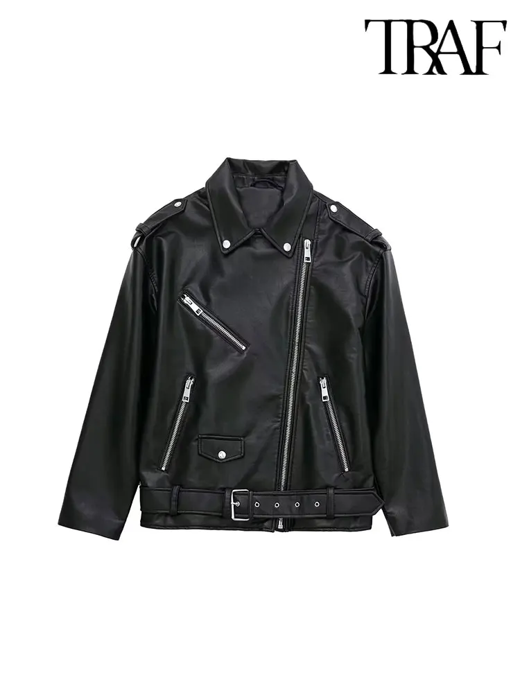 

TRAF 2023 Spring Autumn Women Fashion Black Faux Leather Jacket Coat Female Casual Zipper Biker Outwear Tops