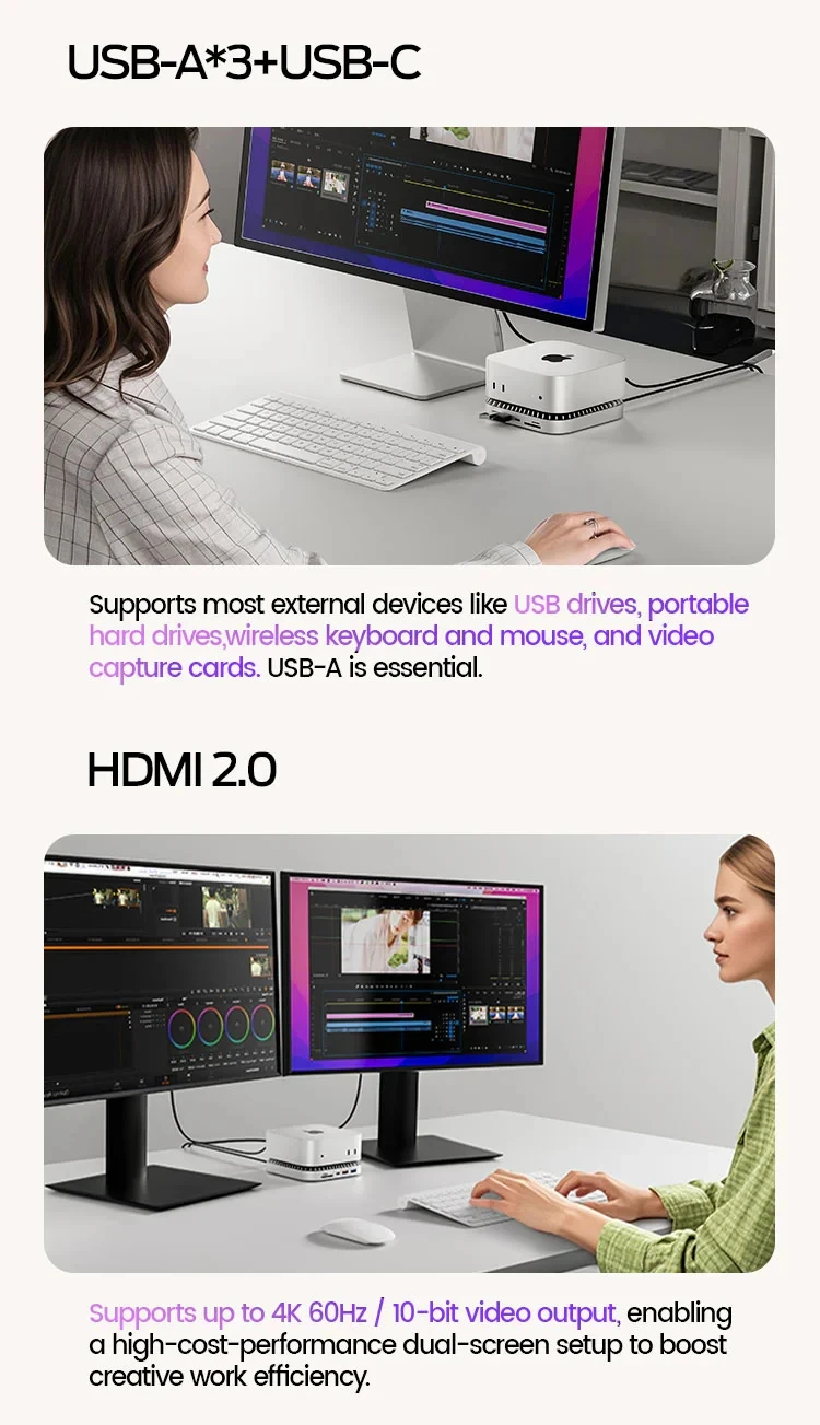 【M4/M4Pro】RayCue Macmini Hab&Stand DK5A1 RayCue New M4/2024 Mac Mini Hub & Stand with NVMe/ M.2 SATA