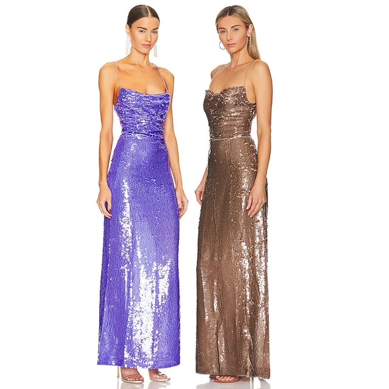 New Sexy Sleeveless Backless Lace-up Slim Long Dress Summer Elegant Pleated Backless Bright Sequins Dress Luxury Evening Dresses 2022 elegant long evening dresses strapless sleeveless lace sequins high split a line backless formal party grows robe de soiree