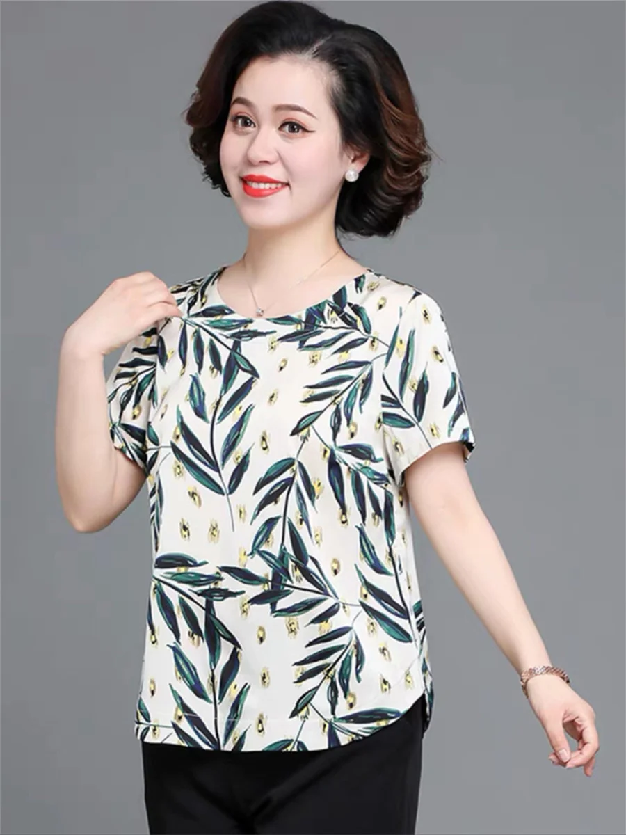 

5XL Women Spring Summer Blouses Shirts Lady Fashion Casual Short Sleeve O-Neck Collar Flower Leaf Printing Blusas Tops TT2405