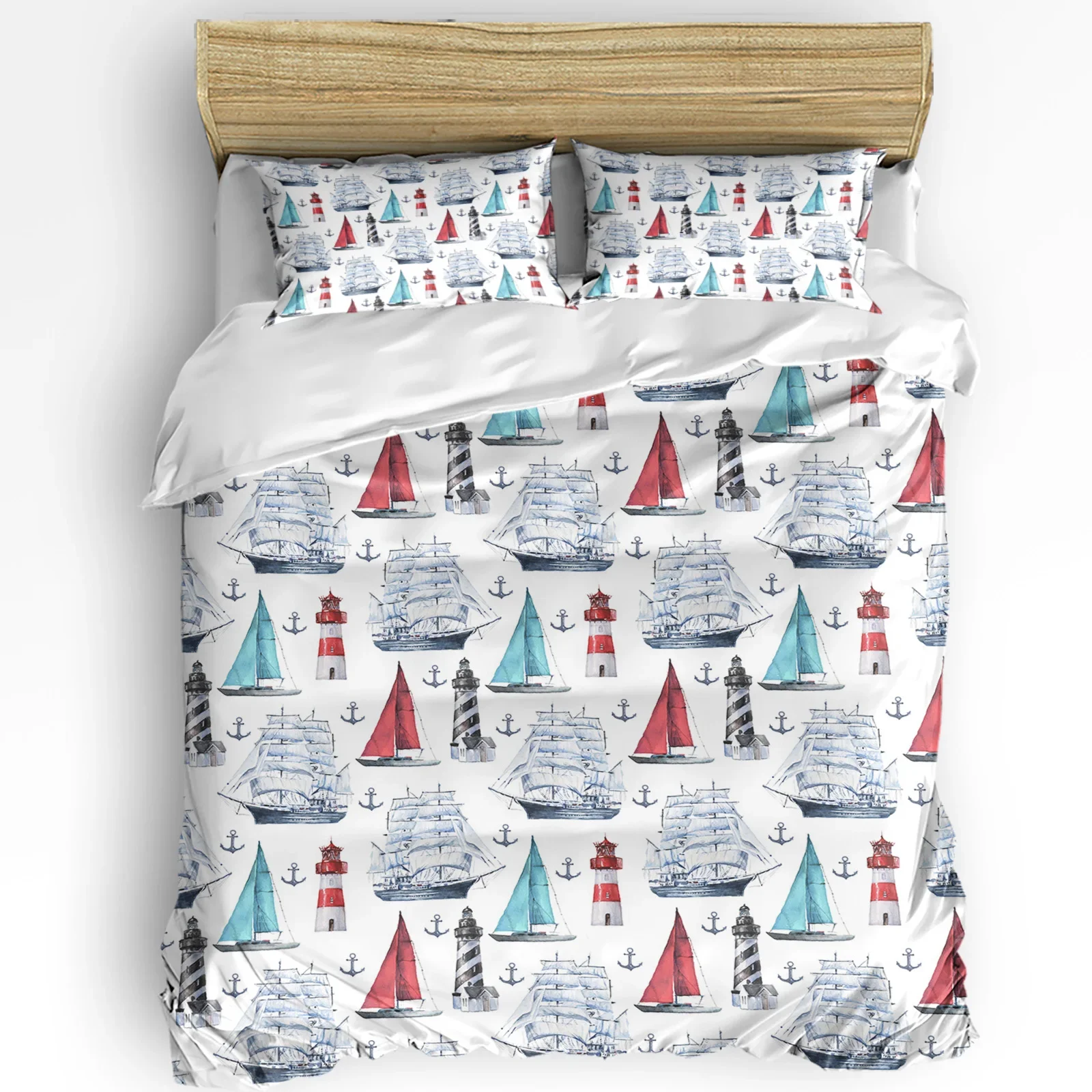 Nautical Anchor Ship Lighthouse Whale Art 3pcs Bedding Set For Double Bed Home Textile Duvet Cover Quilt Cover Pillowcase
