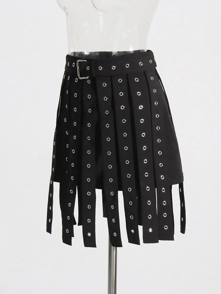 BPN Y2k Patchwork Belts Skirts For Women High Waist Slimming Black Streetwear Chic Mini Skirt Female Fashion Clothing New 2024