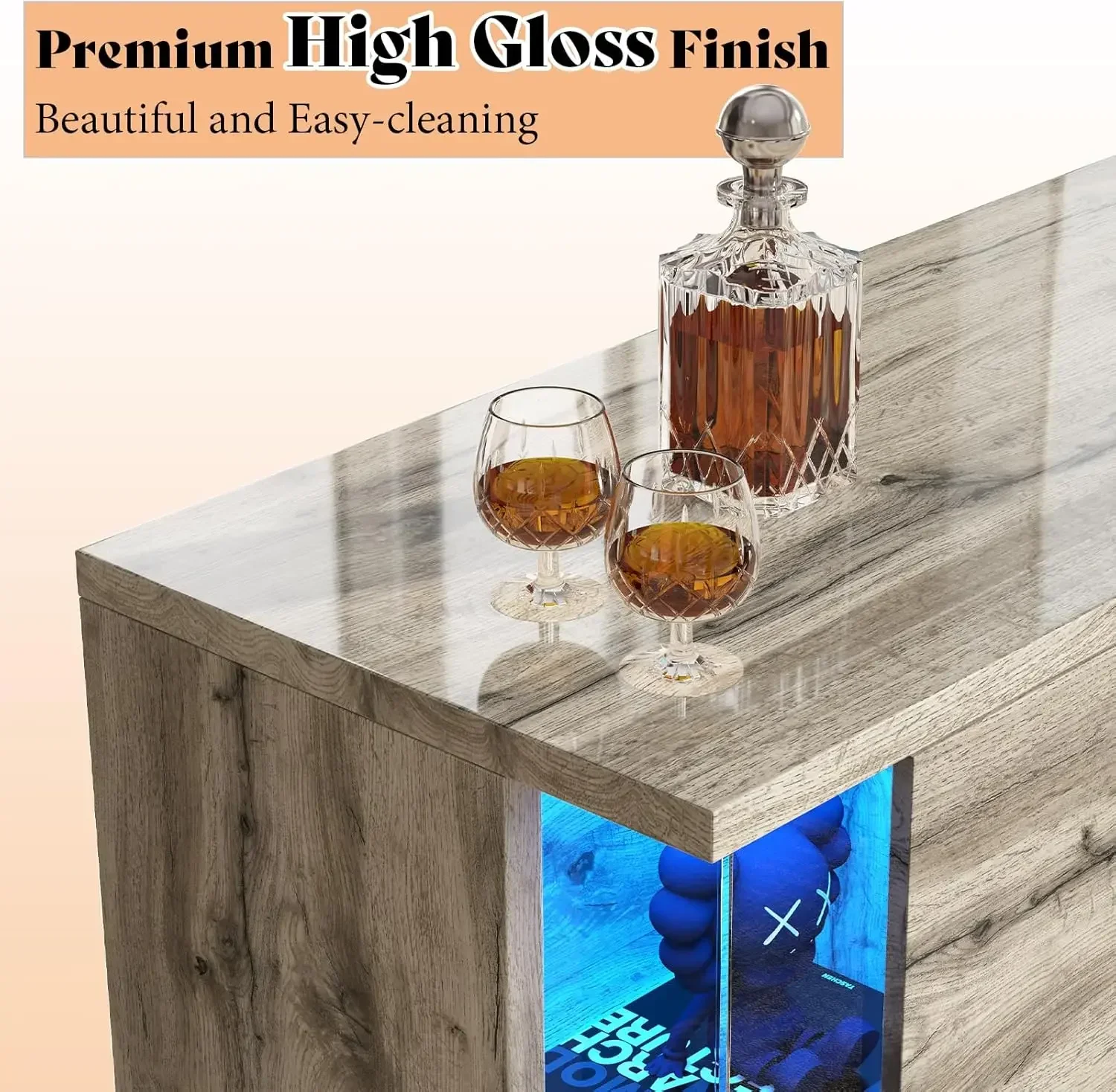 Glossy Oak Fireplace TV Stand with 36" Fireplace, 70" LED Lights Entertainment Center with Flip Doors & Corner Glass Decor 2