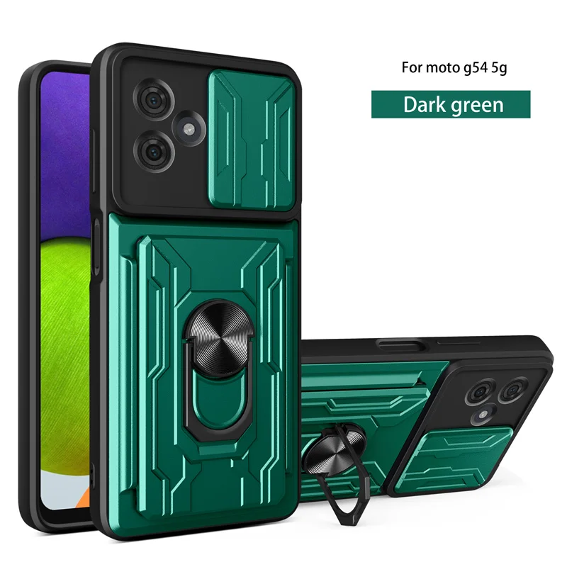 Durable Shockproof Armor Case with Card Holder & Slide Lens Protector