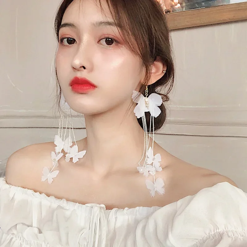 Long White Fashion Butterfly Earrings Bohemian Tassel Earrings
