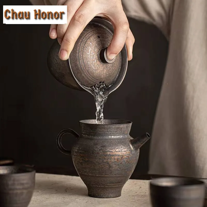 200ml Handmade Iron Rust Glaze Gaiwan Hand Grab Pot Japanese Rough Pottery Tea Tureen Tea Maker Cover Bowl Teaset Collection