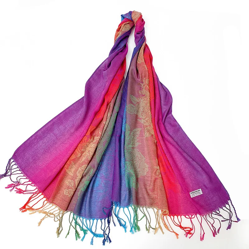 

Women's Paisley Retro Tassel Scarf Lady Cotton Twill Shawl Autumn Winter Warm Gradient Color Rainbow Warm Female Jacquard Wraps