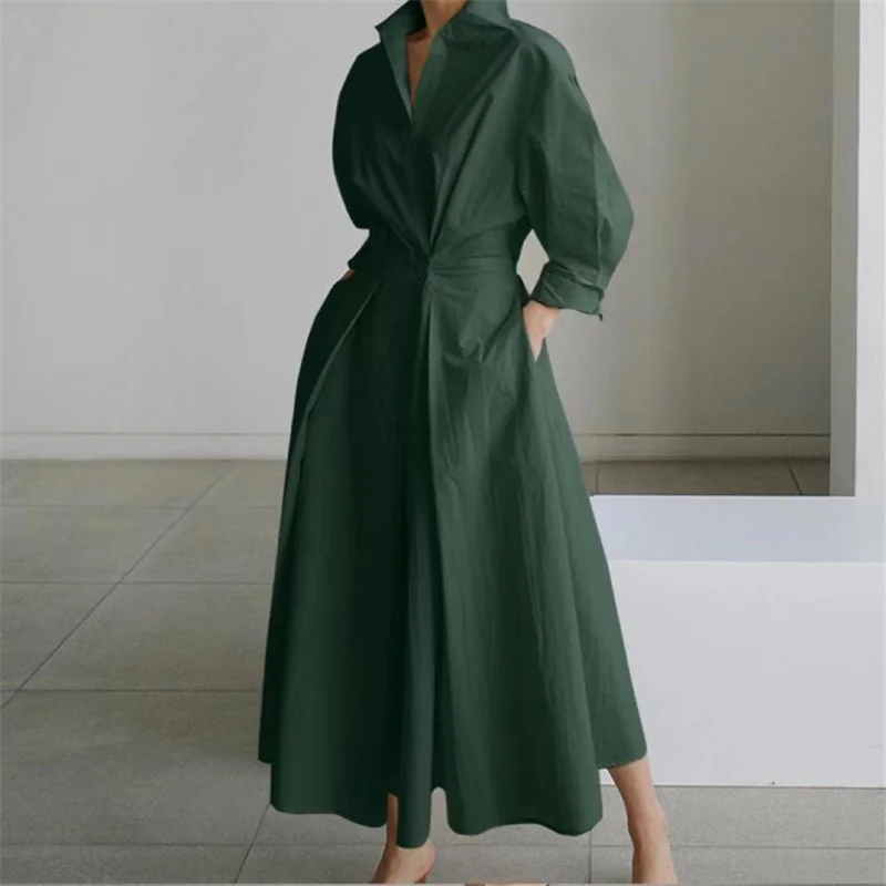 Abito con maniche a camicia con colletto POLO Abiti maxi larghi oversize da donna Streetwear Abiti a trapezio in cotone e lino Big-hem Primavera Estate - immagine 3