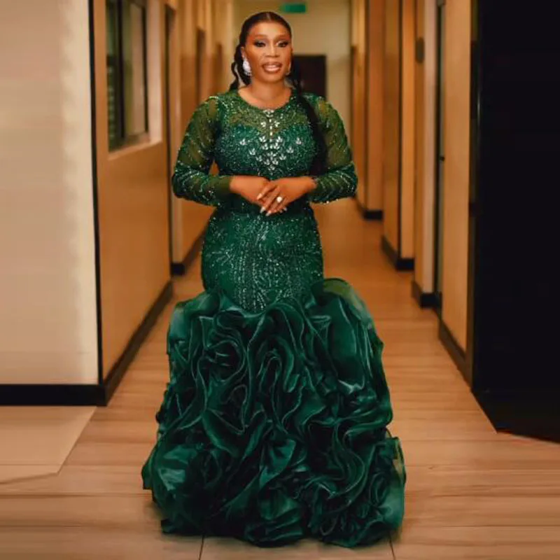 

Dark Green Lace Long Sleeves Prom Dresses Ruffles Sweep Train Aso Ebi Evening Gowns African Woman Formal Party Dress