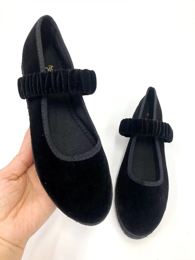 Elastic Band Velvet Mary Janes Ballet Flats Shoes Women 2024 Trend Solid Color Fabric Canvas Shoes Ladies Elegant Loafers Black 4