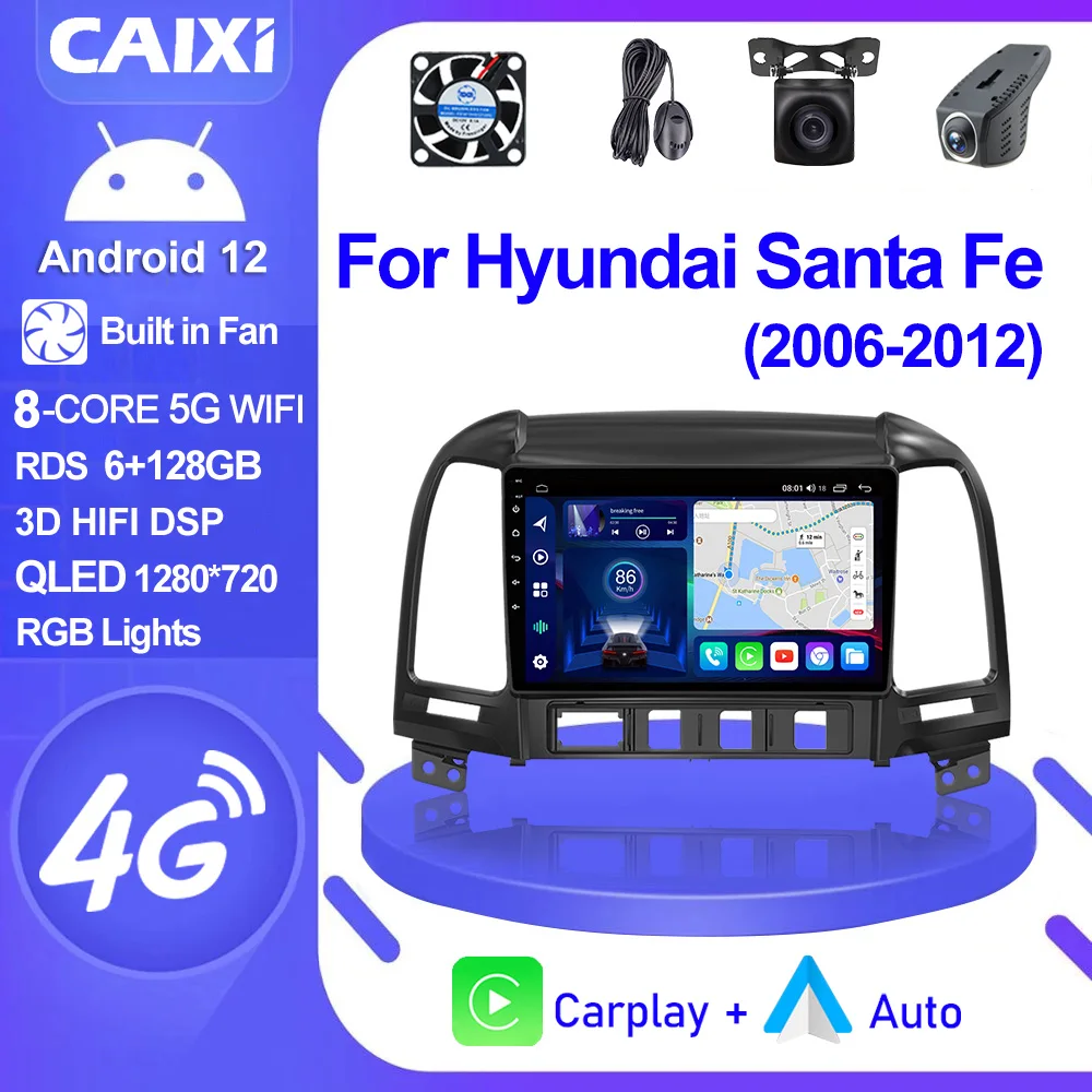 CAIXI GX9 자동차 라디오 멀티미디어 플레이어, 현대 산타페 2 2006-2012 용, 안드로이드 오토 2 딘 카플레이, 스테레오 GPS DVD 헤드 유닛