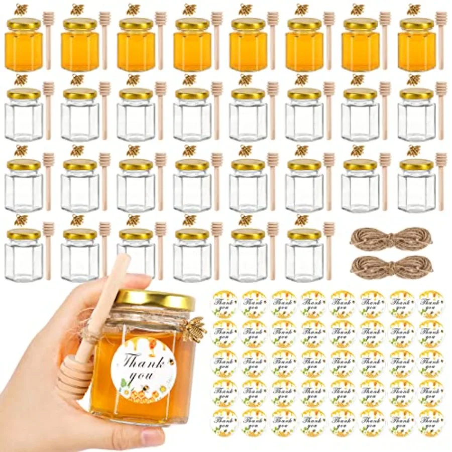 3oz Mini Honey Jars with Dipper 30Pack Empty Glass Jars for Baby Shower Favors/Wedding Favors for Guests- Mini Jar with Wooden 1