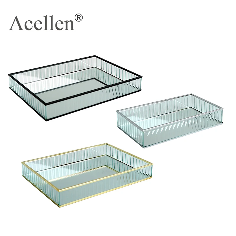 Glass Mirror Tray Gold/sliver/black Metal Edge Red Wine Plate Decorating Storage Tray Cake Tools Home Deco Modern Storage Trays