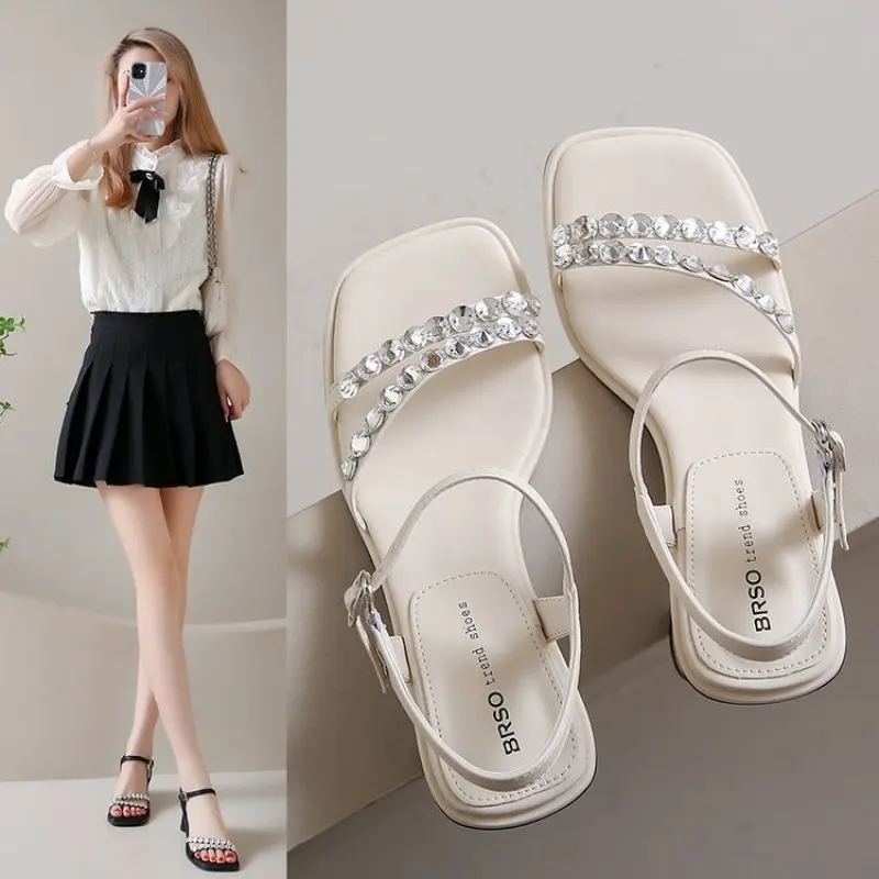 Women's Sandals 2024 Summer New White PU Square Toe Crystal Strap Buckle High Heels Acrylic Stiletto Fashion Party Women Shoes