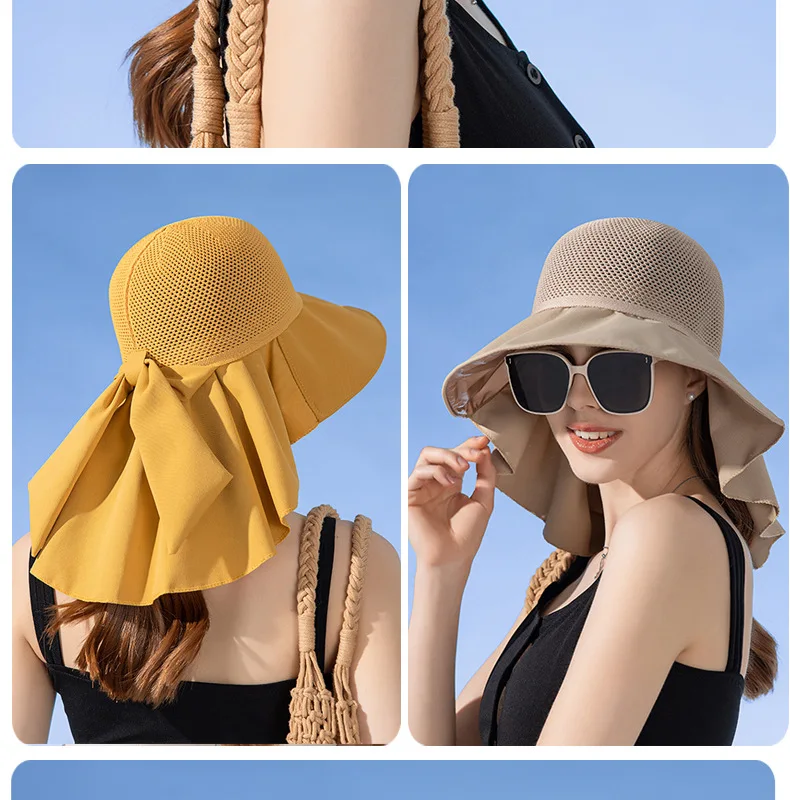 Sommerhut für Damen, mit Schal, leicht, atmungsaktiv, Netzstoff, Gesichts- und Nackenschutz, Sonnenhut mit Schleife, Falten-Design, für Reisen und Strand_voghion.com