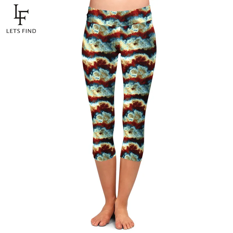 LETSFIND Beauiful 3D Clouds Digital Printing Soft Capri Leggings High Waist Slim Women Fitness Mid-Calf Leggings