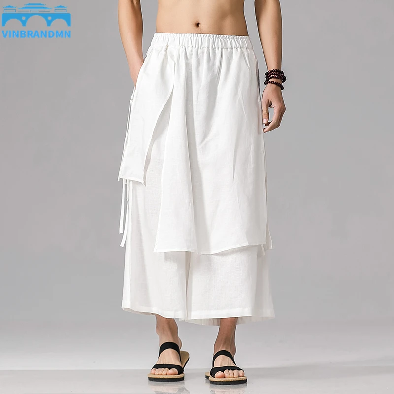 

2022 Men Solid Color Irregular Pants Mens Elastic Waist Loose Hanfu Skirt Trousers Male Streetwear Harajuku Wide Leg Pants