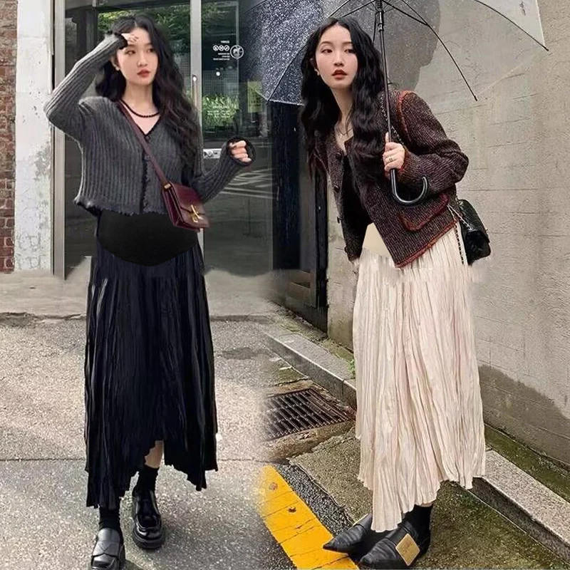 Spring Pregnant Woman Skirts Solid Color Fashion Maternity Pleated Skirt Irregular High Waist Pregnancy Belly Skirt Loose