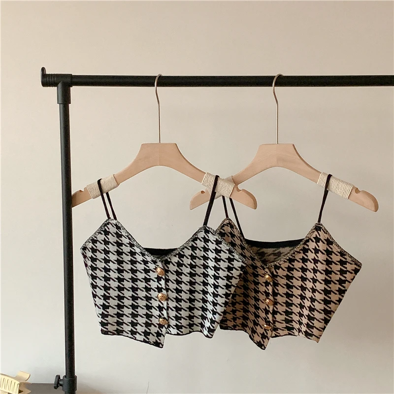 

2023 New Sexy Houndstooth Sleeveless Button Tank Top Women Casual Off Shoulder Irregular Crop Top Camisole Suspender Vest Tshirt