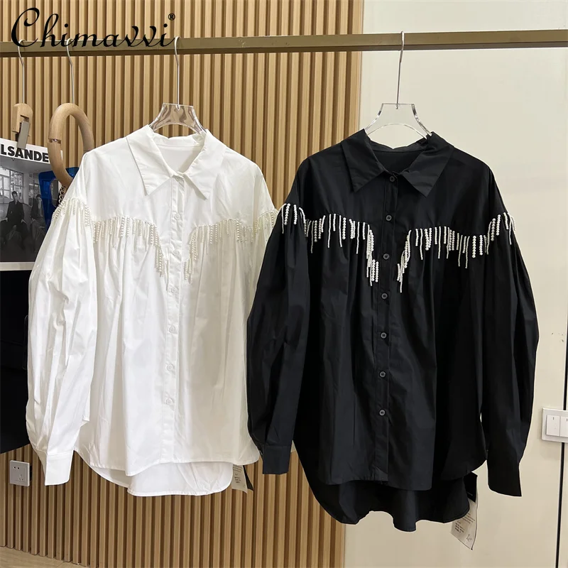 

New 2024 Spring Clothes New Luxury Fashion Pearl Tassel Long-Sleeved Shirt Profile Loose Oversized Top Casual Women's Blouse