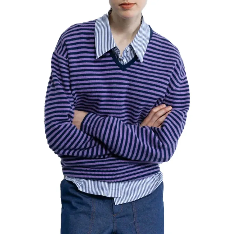 

VII 2024 Brand MO Women's Pullover Fall Female Clothing Slouchy Style Casual V-Neck Striped Sweater Knitwear Free Shipping Offer