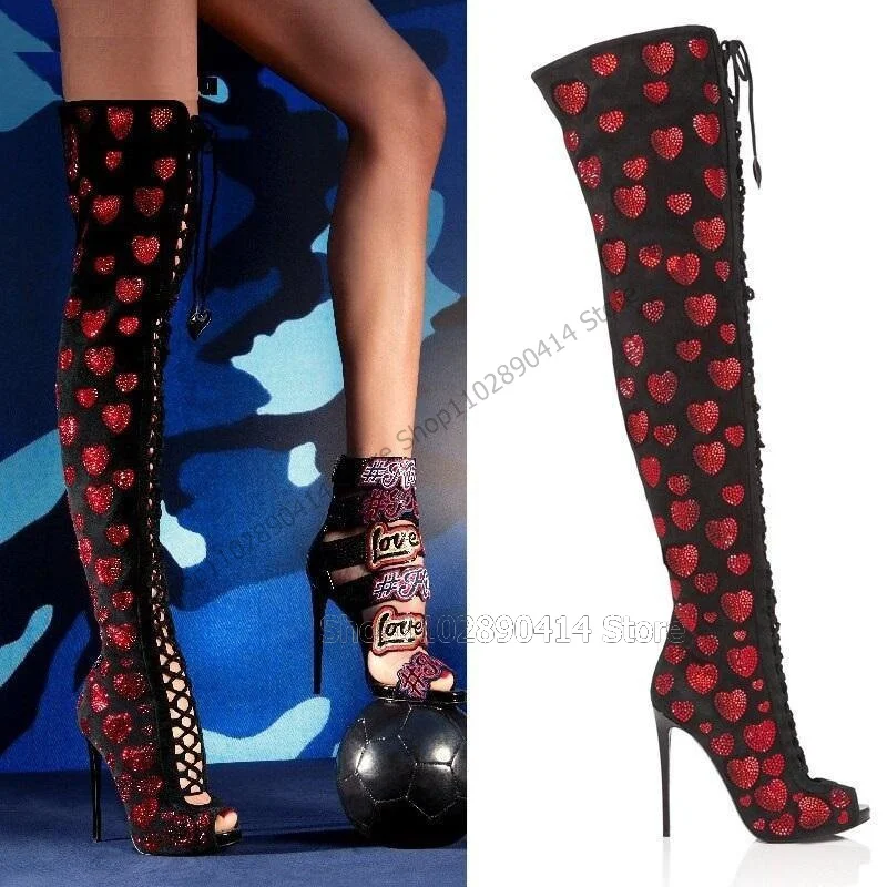 

Red Heart Pattern Hollow Cross Tied Peep Toe Boots Side Zipper Women Shoes Thin High Heels Sexy Runway 2023 Zapatos Para Mujere