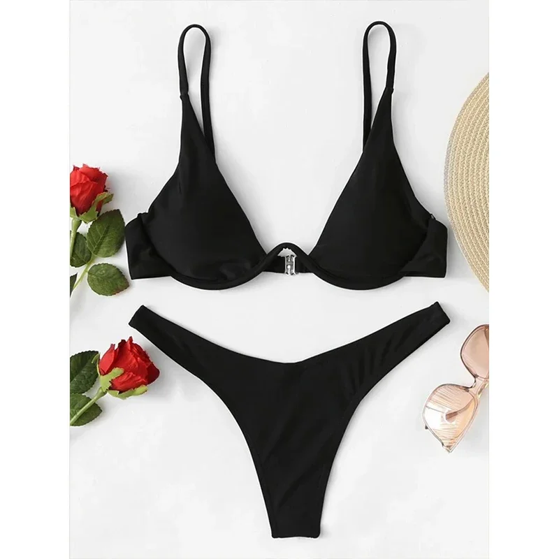 2026 Summer New Two Piece Women's Solid Color Sexy Bareback Bikini Split Swimsuit Bikini Set High Waist Beach Vacation