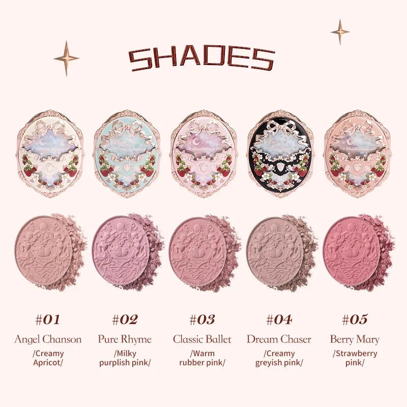 Powder Blusher Flower Knows Strawberry Rococo Series Embossed Blush Fine Powder Makeup Smooth Long-Lasting Blusher Face Enhancing Makeup Color