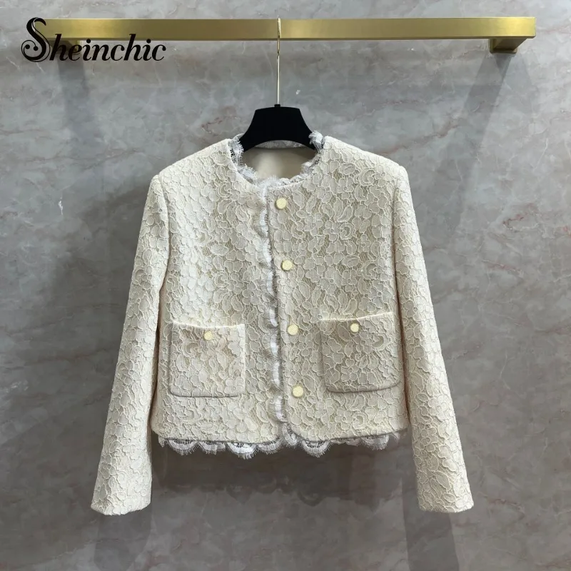 

Luxury Designer Clothes High Quality O-neck Single Breasted Beige Lace Jacket for Women 2023 Ropa De Mujer Korean Short Outwears