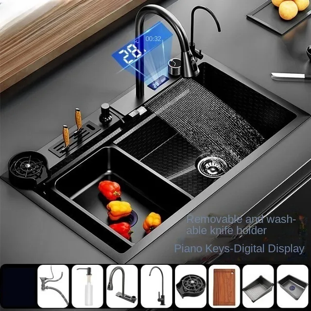 อ่างล้างจานอัจฉริยะ Gunmetal สีเทาสแตนเลสน้ําตกพร้อมก๊อกน้ํา Sprayhead 1 Bowl Drop Workstation พร้อมจอแสดงผล LED TEMP 2