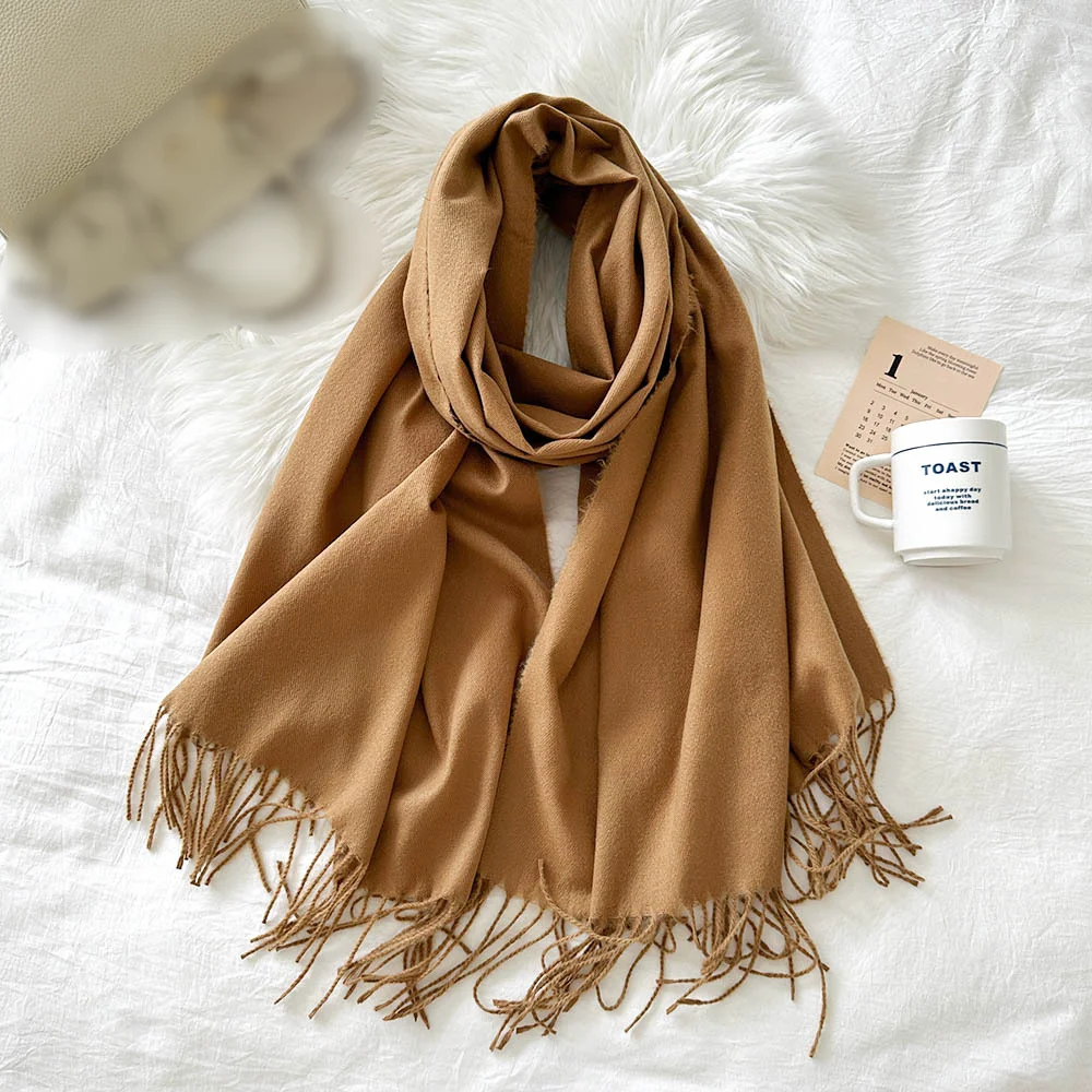 Solid Color Cashmere Scarf For Women In Winter, New European And American Camel Beige Warm Scarf, Long Shawl_voghion.com