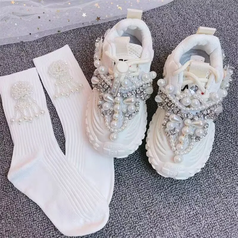 Kids Girls Sneakers Spring Casual Running Sports Trainers Breathable Flats Pearl Diamond