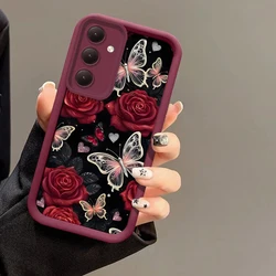 Butterfly Rose Flower Soft Silicone Phone Case with Camera Lens Protection - S25 5G (Wine - red - 753)