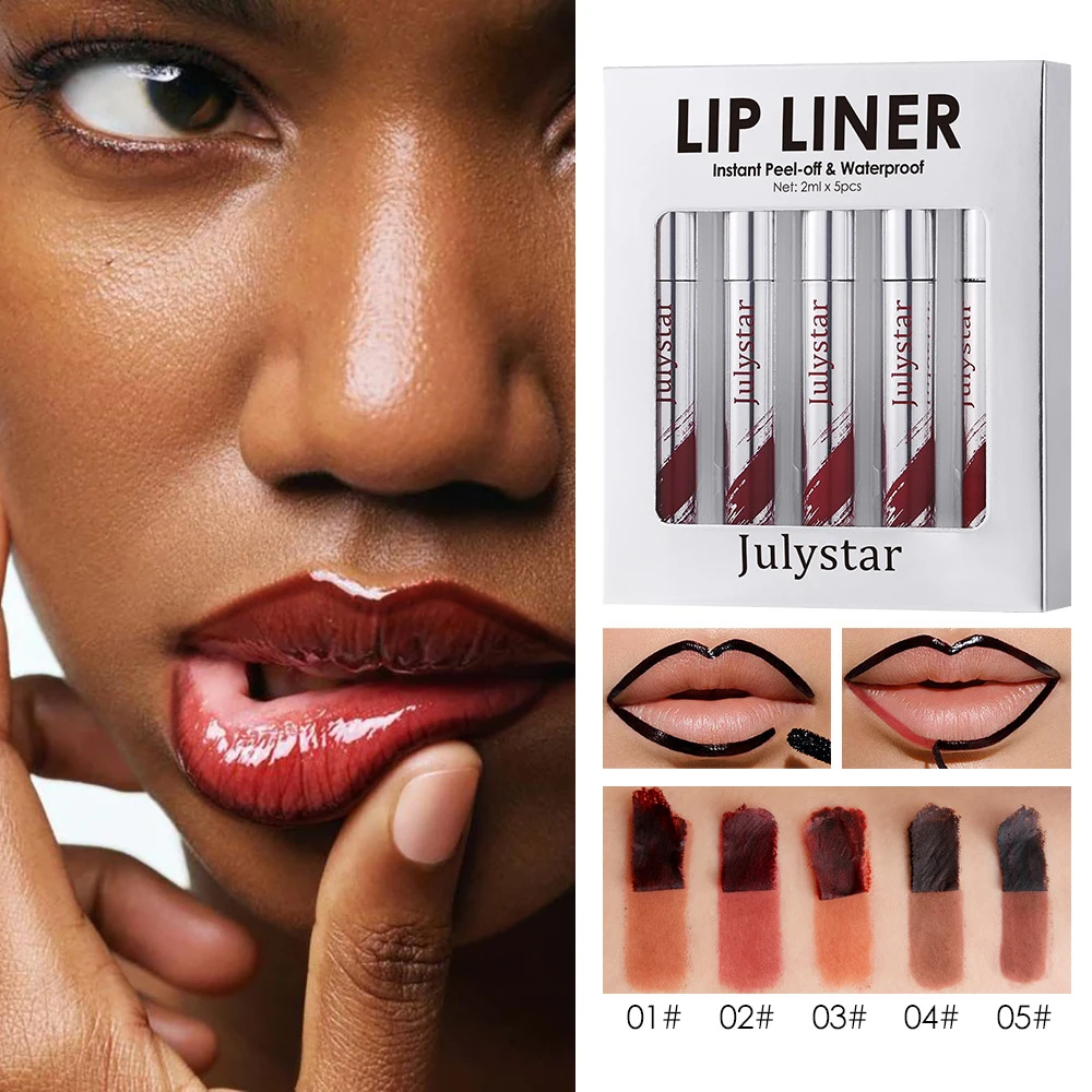 Peel Off Lip Liner Pen Set 5pcs Long-lasting Waterproof & Smudge-proof Peel Off Lip Liner Stain Peel Lipstick Natural