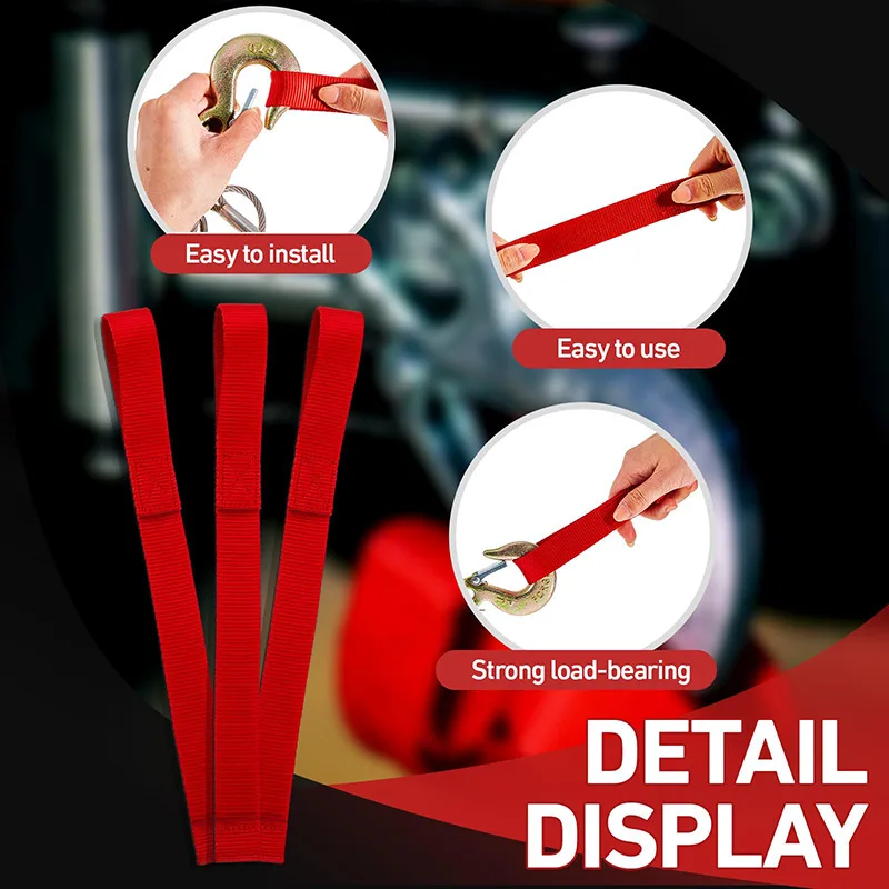 3pcs Red Inch Heavy Duty Hook Pull Belt Protective Ties w Towing Rope,Nylon winch strap suitable for winch cable rope