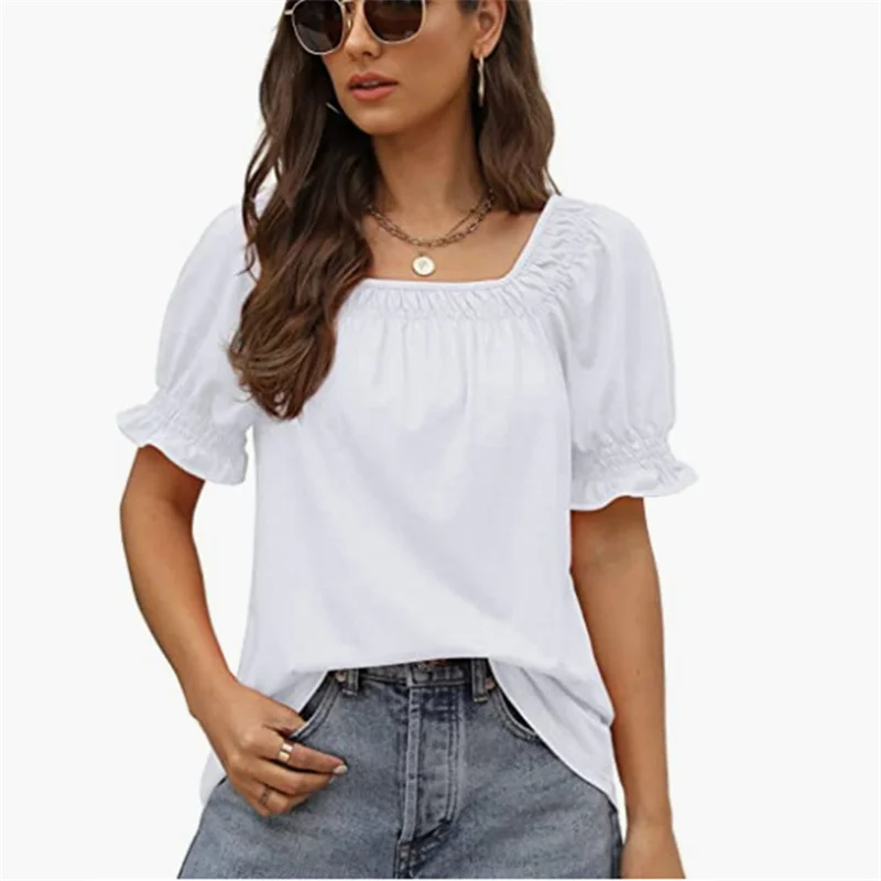 

Summer New Pleated Square Neck Ruffle Sleeve T-Shirt Ladies Daily Casual Loose Tees Comfortable Commuter Women's Solid Color Top