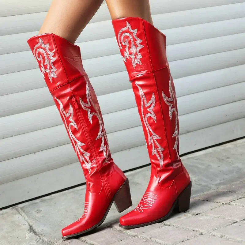 

Ethic Western Cowboy Overknees Loose Wide Calf Botas Pointed Toe Chunky High Heels Embroidery Over-the-knee Long Women Boots